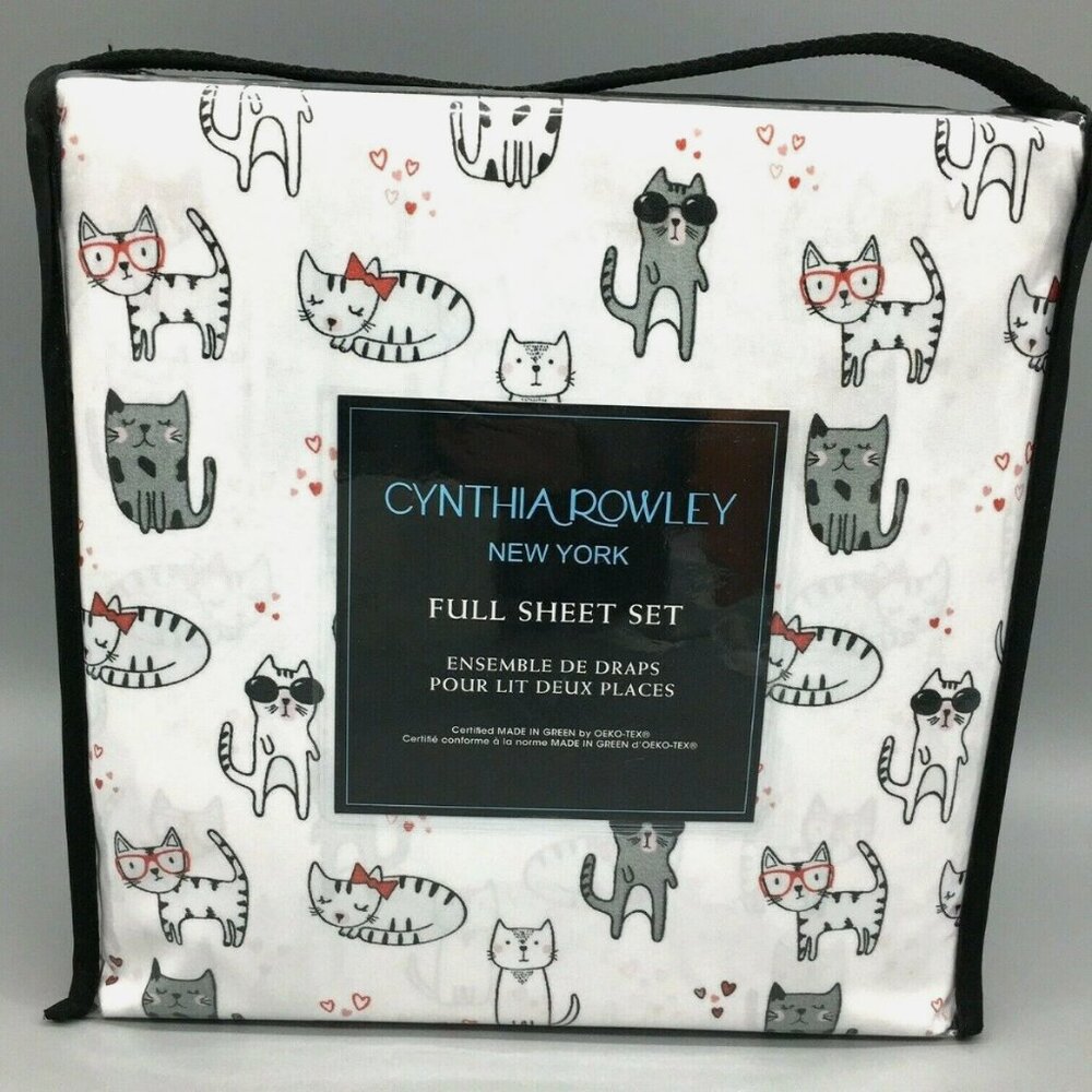 4pc Cynthia Rowley Valentine Cats FULL Sheet Set Kittens Red Hearts Bows Glasses